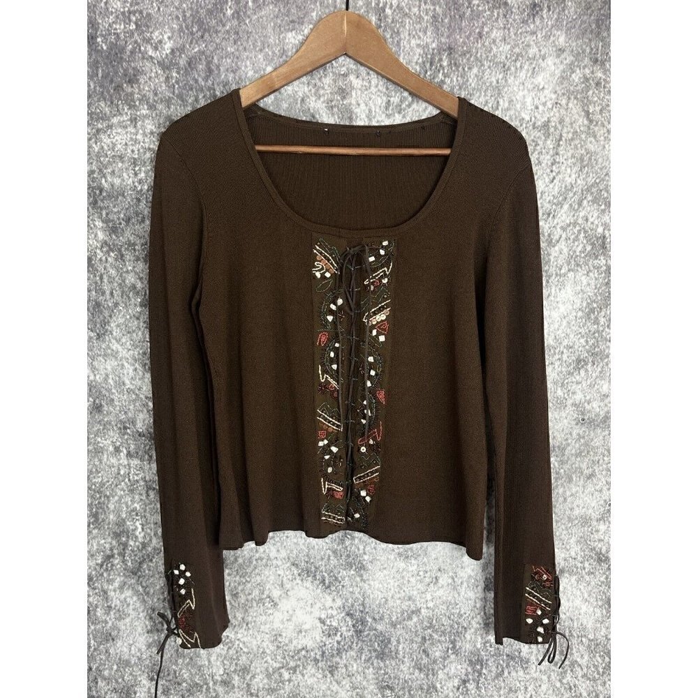 Hippie Brown Long Sleeve‎ Scoop Beaded Lace up Ribbed Top Sweater Women's small